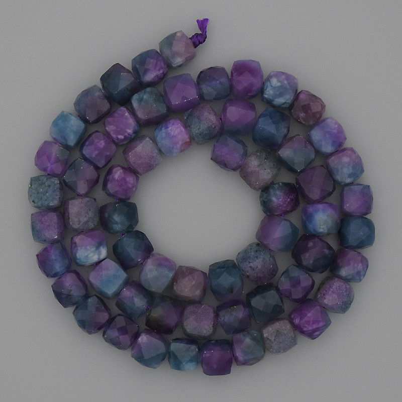 Fluorite Beads on Thread, Faceted Cube, Diameter 7x7mm+-, Length 39cm+