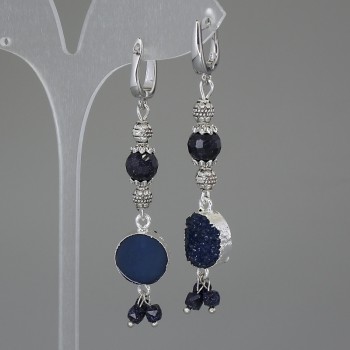 Earrings Aventurine Cairo Night Faceted Round 8mm+- Acrylic Druzy 13mm+-, length 68mm+