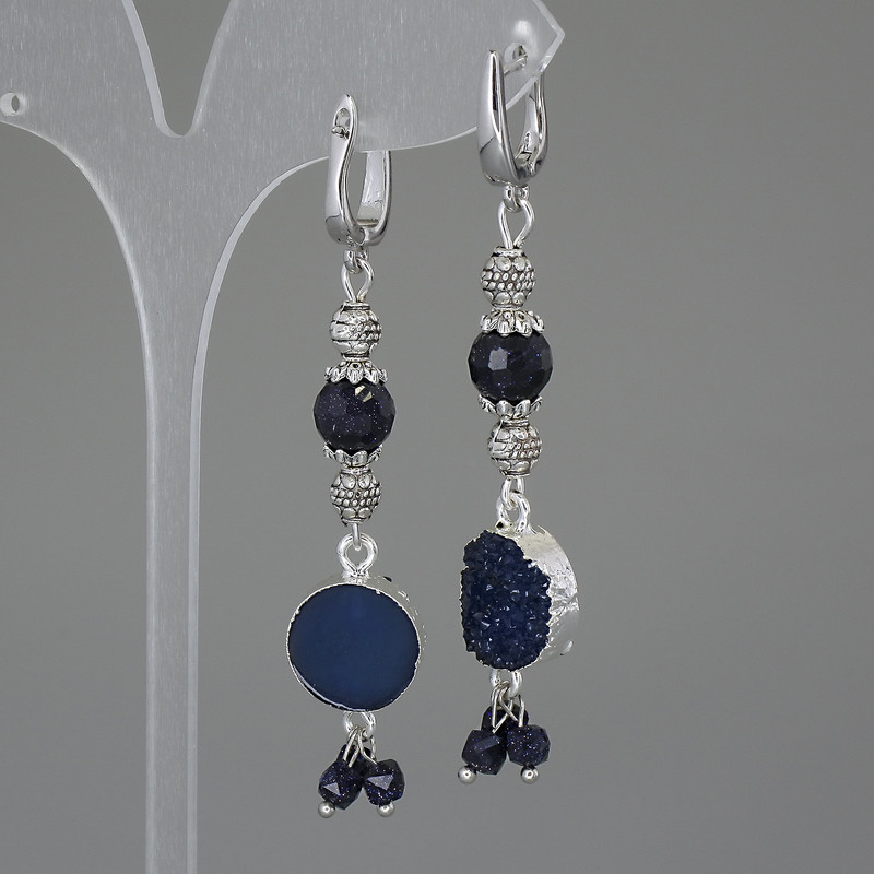 Earrings Aventurine Cairo Night Faceted Round 8mm+- Acrylic Druzy 13mm+-, length 68mm+