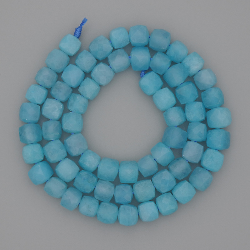 Aquamarine Beads, Faceted Cube, diameter 7x7mm+/-, length 39cm+/- on a thread