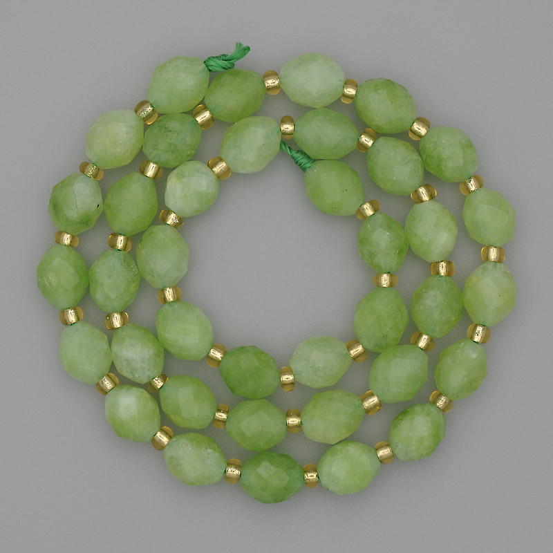 Beads Natural Stone Chrysolite Olivine Faceted Grain, diameter 8x6mm+- seed beads 3mm+-, length 37cm+