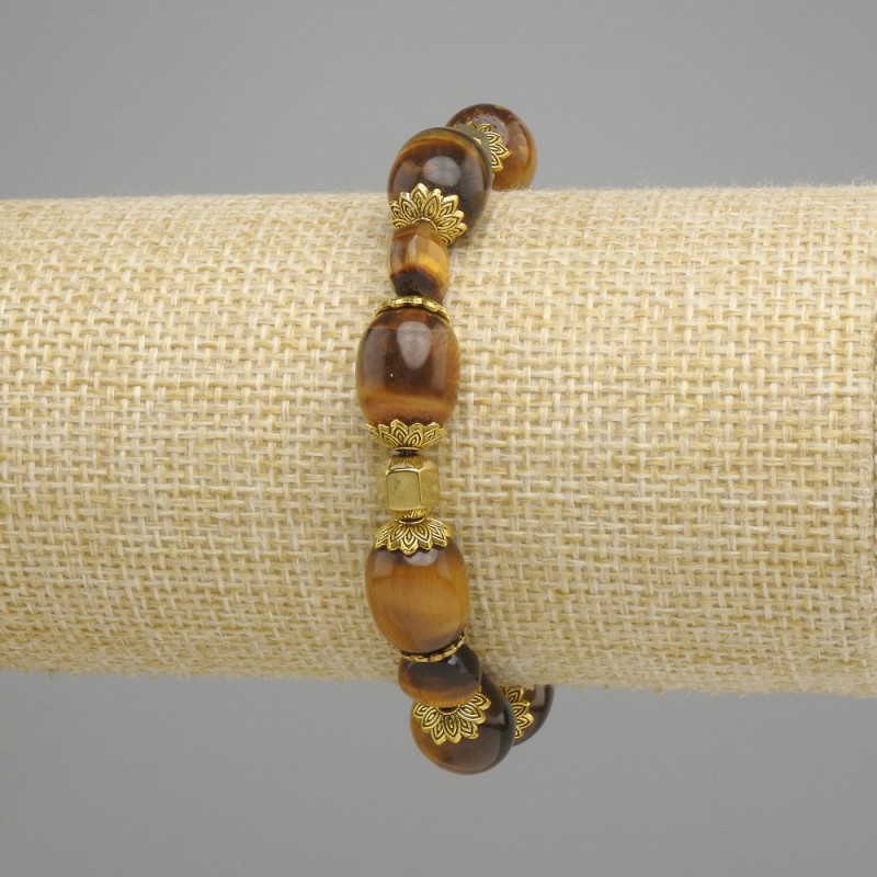 Tiger's Eye Barrel Bracelet, diameter 14x10mm+-, faceted coin bead diameter 8mm with metal spacers, length 18cm+- stretch