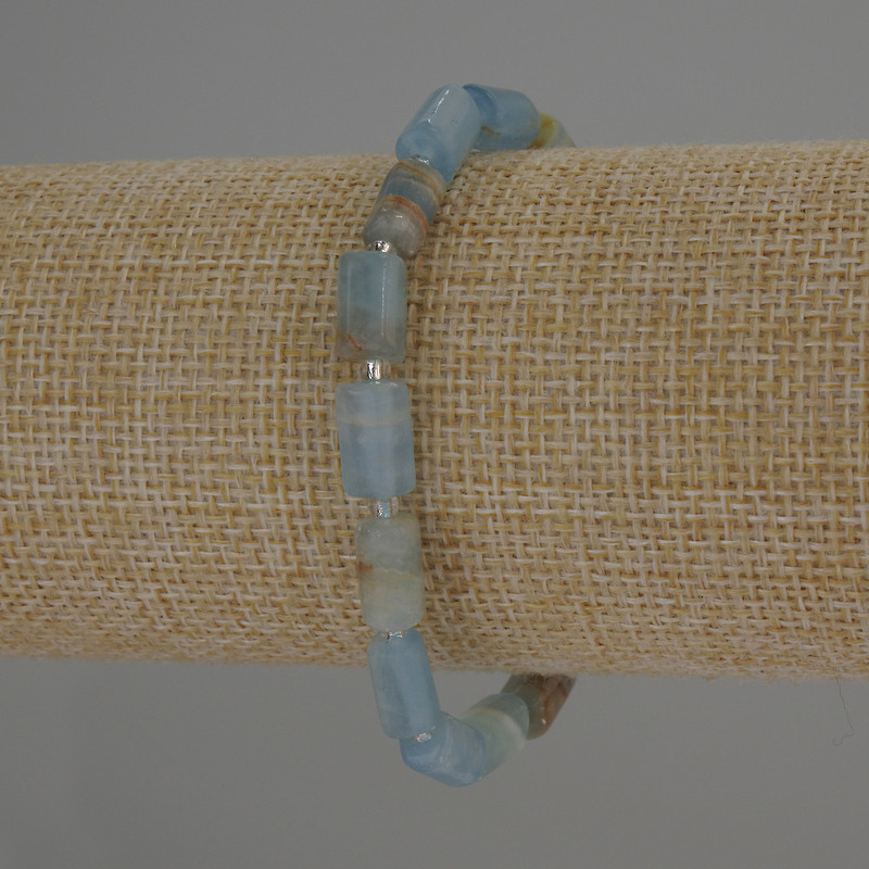 Blue Calcite Cylinder Bracelet, diameter 10x6mm+/- with 3mm+/- seed beads, length 18cm+/- stretch