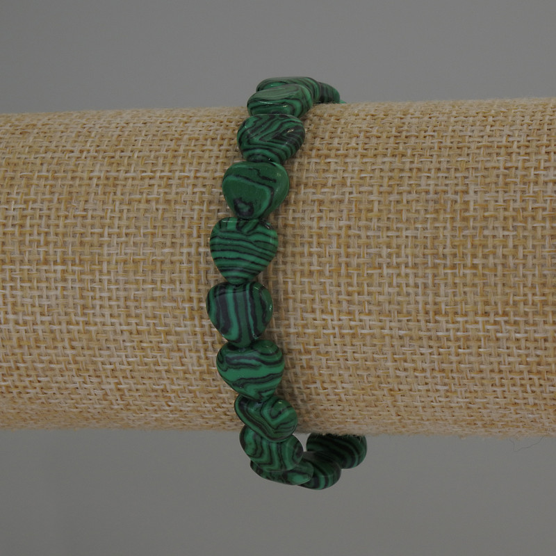 Malachite Heart Bracelet, diameter 10x10mm+-, length 18cm stretch