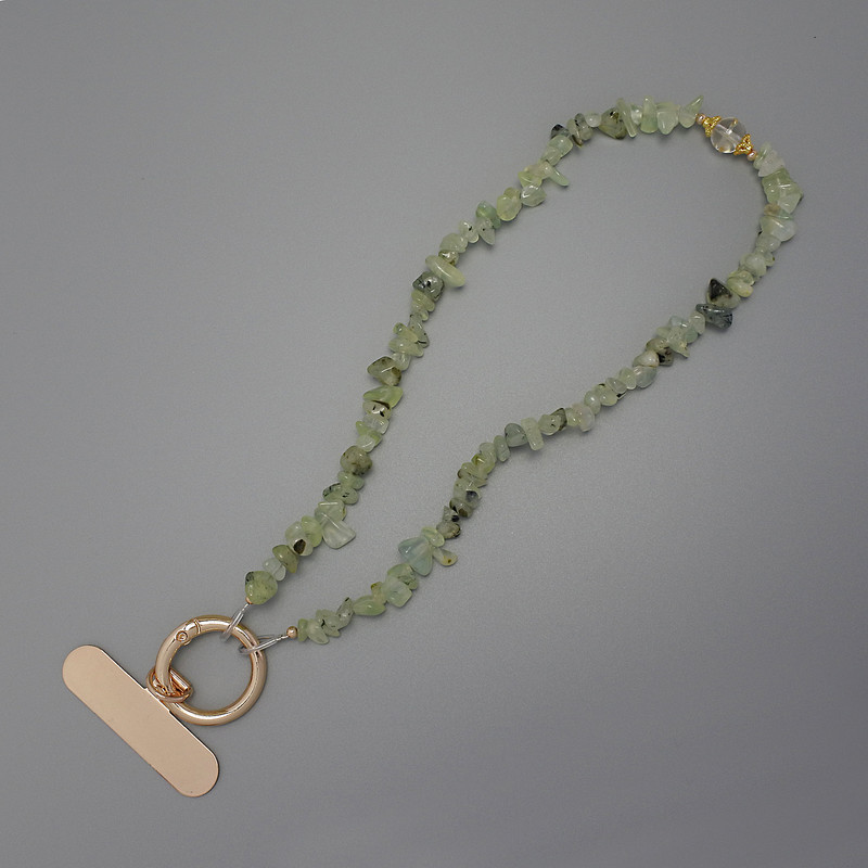 Prehnite Chip Phone Charm, 4-10x2-4mm+/-, ring diameter 24mm at the loop, length 40cm (37cm along the beads)