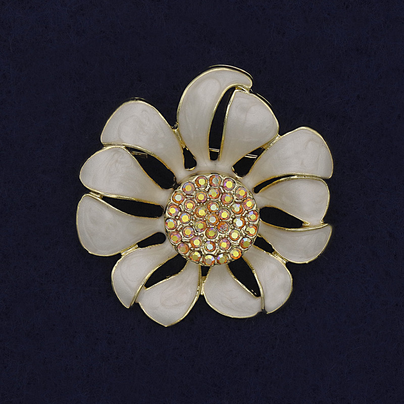 Flower Brooch Pendant, White Enamel & Rhinestones, 37mm+/-, Gold-Tone Metal
