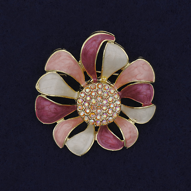 Flower Brooch Pendant White and Pink Enamel Rhinestones 37mm+/- Gold-Tone Metal