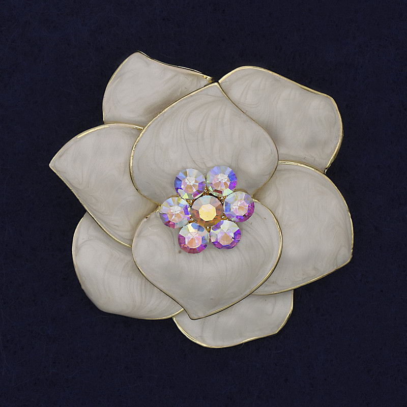 Flower Brooch Pendant, White Enamel & Rhinestones, 48mm+/-, Gold-Tone Metal