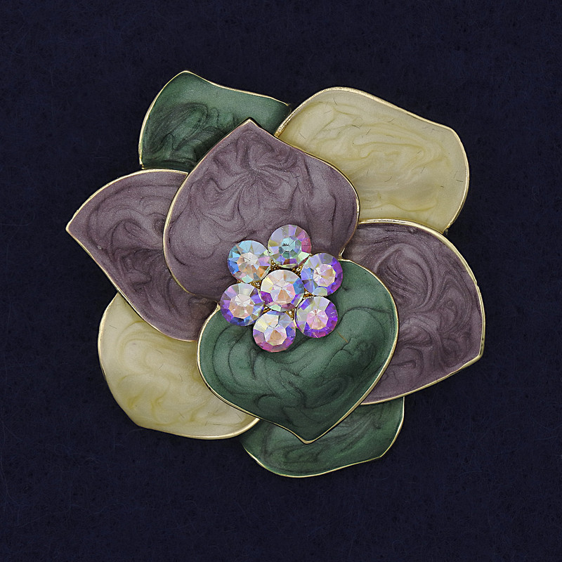 Brooch Pendant Flower Multicoloured Enamel Rhinestones 48mm+/- Gold-Tone Metal