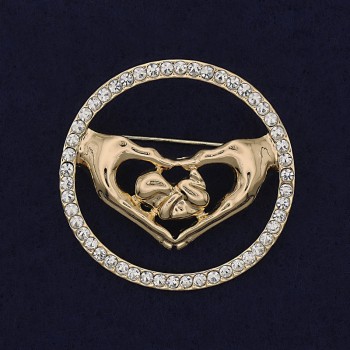 Heart Brooch White Rhinestones Golden Metal 38mm+