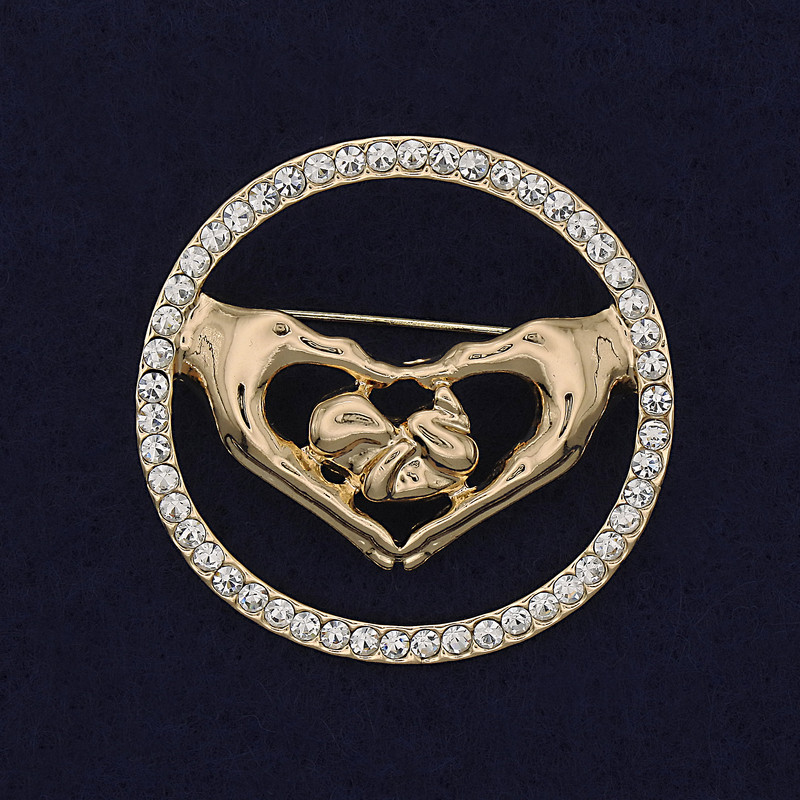 Heart Brooch White Rhinestones Golden Metal 38mm+