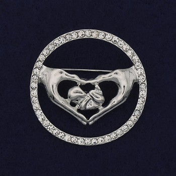 Heart Brooch White Rhinestones Silver Metal 38mm+