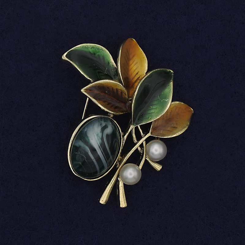 Twig Brooch with Cabochon and Pearls, Coloured Enamel, Gold-Tone Metal, 48x40mm+