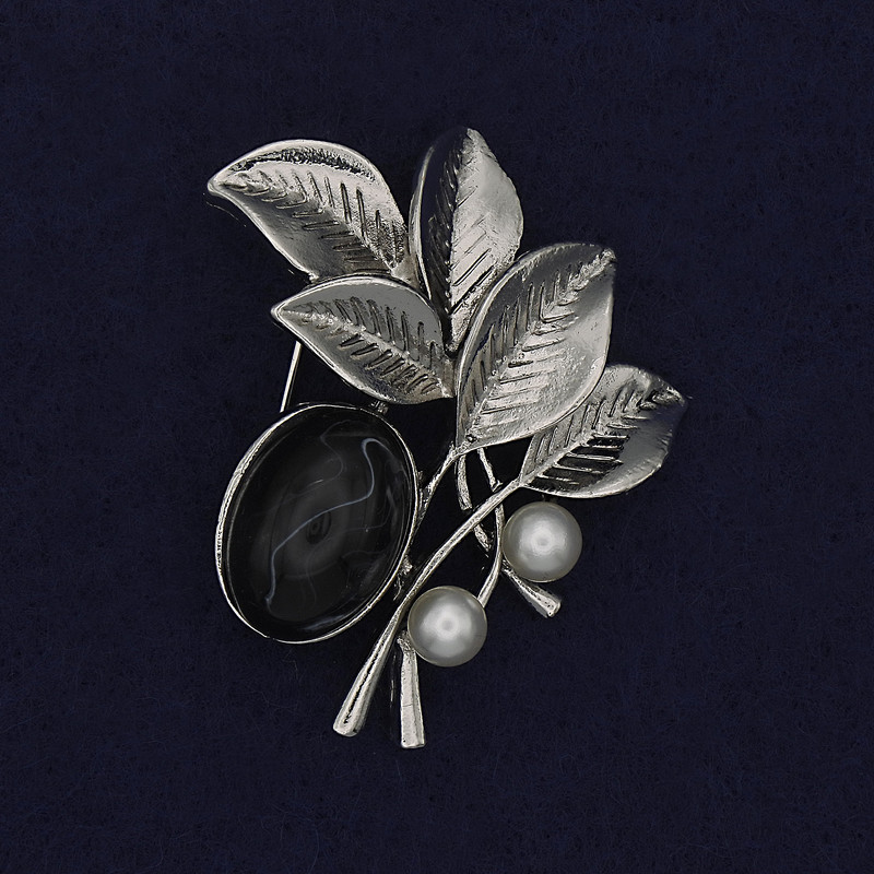 Twig Brooch with Cabochon and Pearls Silver-Tone Metal 48x40mm+