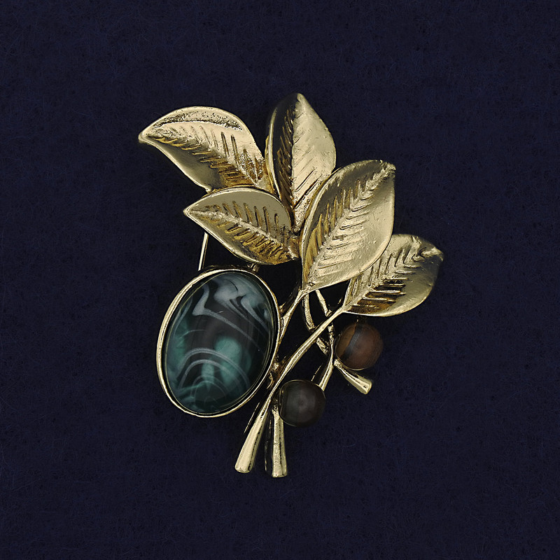 Twig Brooch with Cabochon and Bead Gold-Tone Metal 48x40mm+