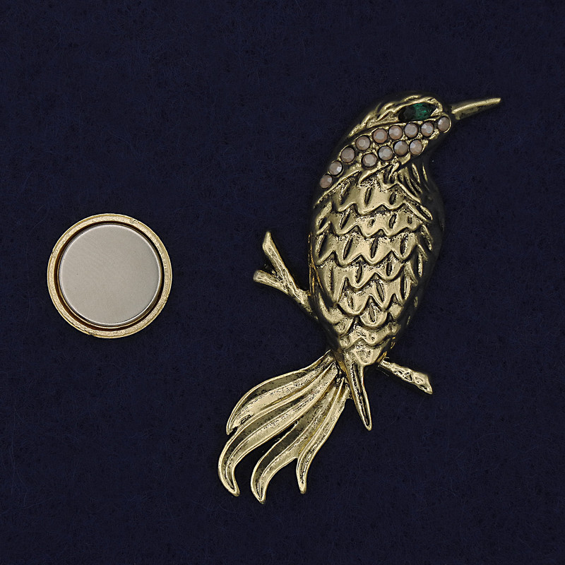 Magnetic Bird Brooch with Rhinestones, Golden Metal, 55x27mm+