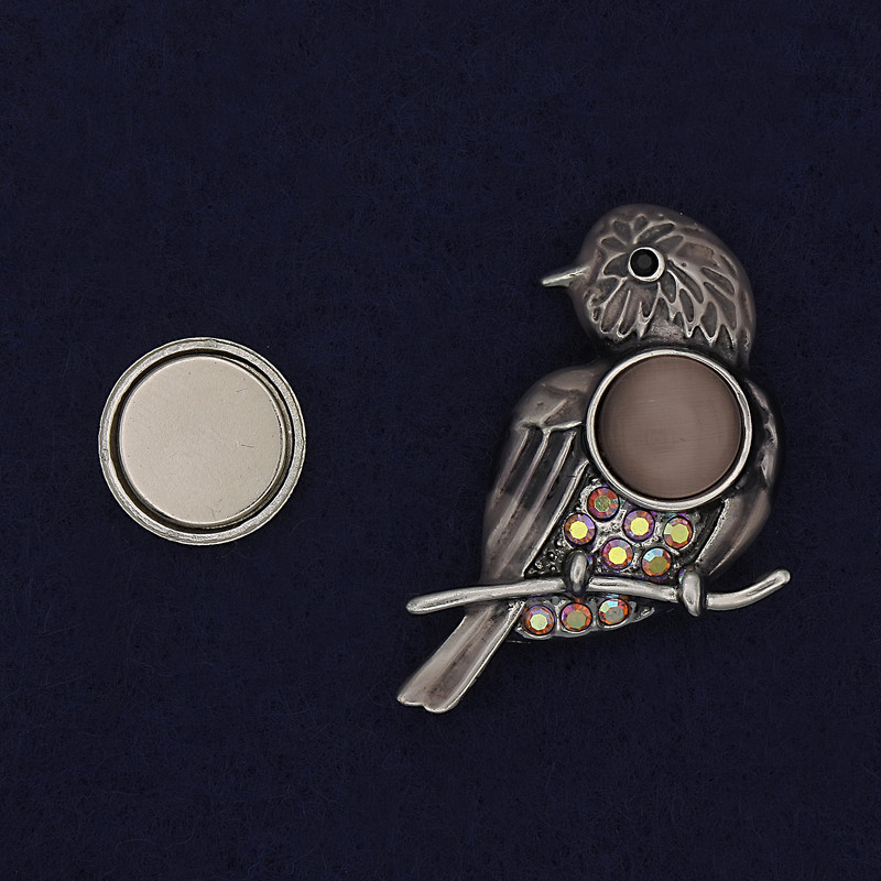 Magnetic Brooch Bird Enamel Cat's Eye Rhinestones Silver-tone Metal 34x28mm+