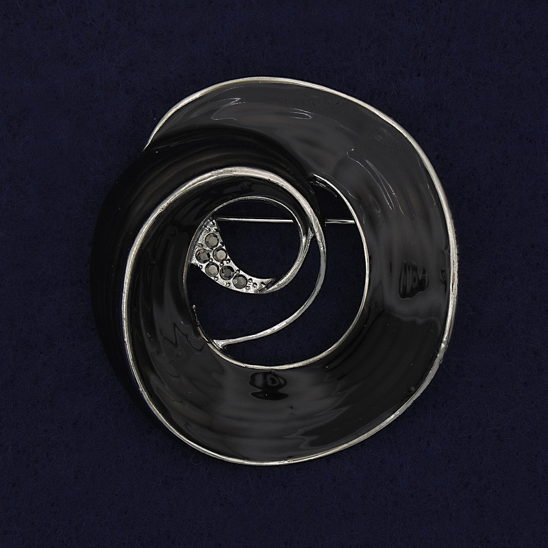 Accent Brooch Black Enamel Black Rhinestones Silver-Tone Metal 48x45mm+
