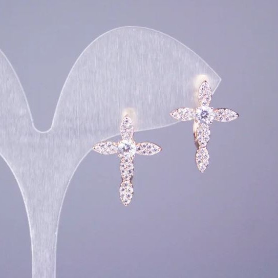 Xuping Earrings, 18K Gold Plated with White Crystals, Cross, diameter 20x15mm+