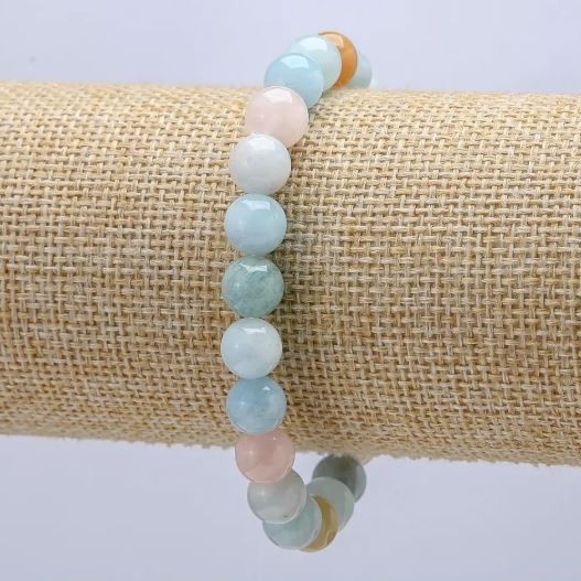 Morganite Natural Stone Bracelet, smooth round beads, diameter 8mm+/-, length 18cm+/- stretch