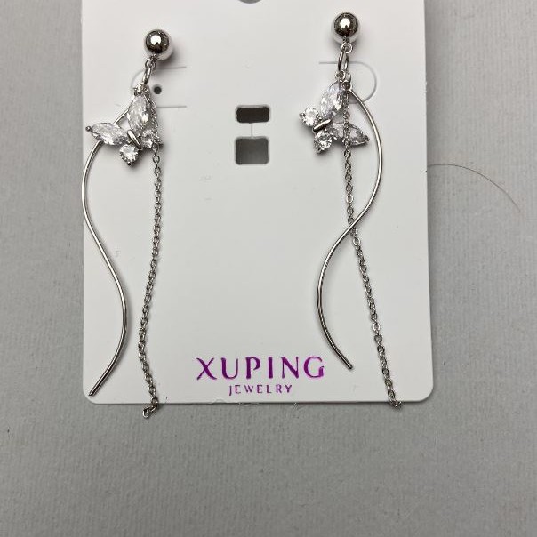 Xuping Earrings with White Rhinestones, length 67mm, Rhodium