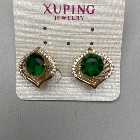 Xuping Earrings with White Rhinestones and Green Crystal, diameter 17mm+/-, length 17mm+/-, 18K Gold Plated