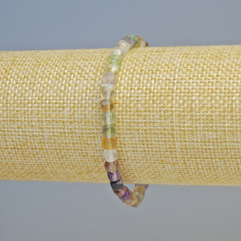Fluorite Natural Stone Bracelet, Faceted Cube Bead, Diameter 4.5mm+/- (Stretch), Length 18cm+