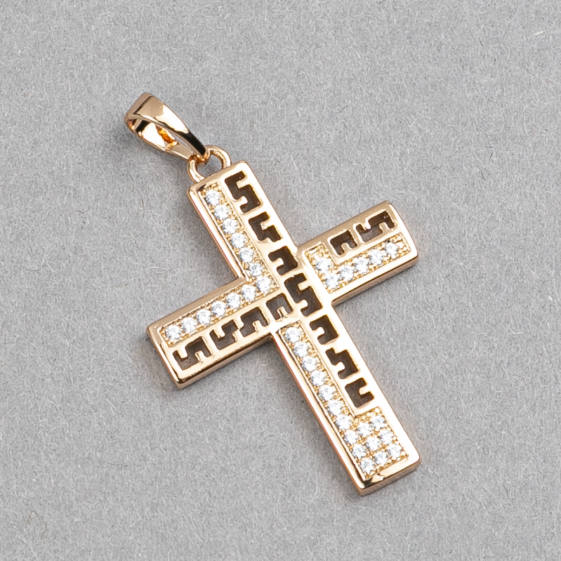 Xuping Cross Pendant, 18K Gold Plated with White Rhinestones, Diameter 34x21mm+