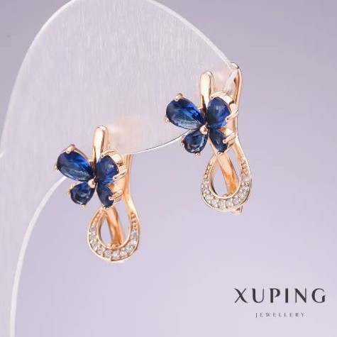 Xuping Earrings 18K Gold Plating with Blue Stones and White Rhinestones 20x11mm