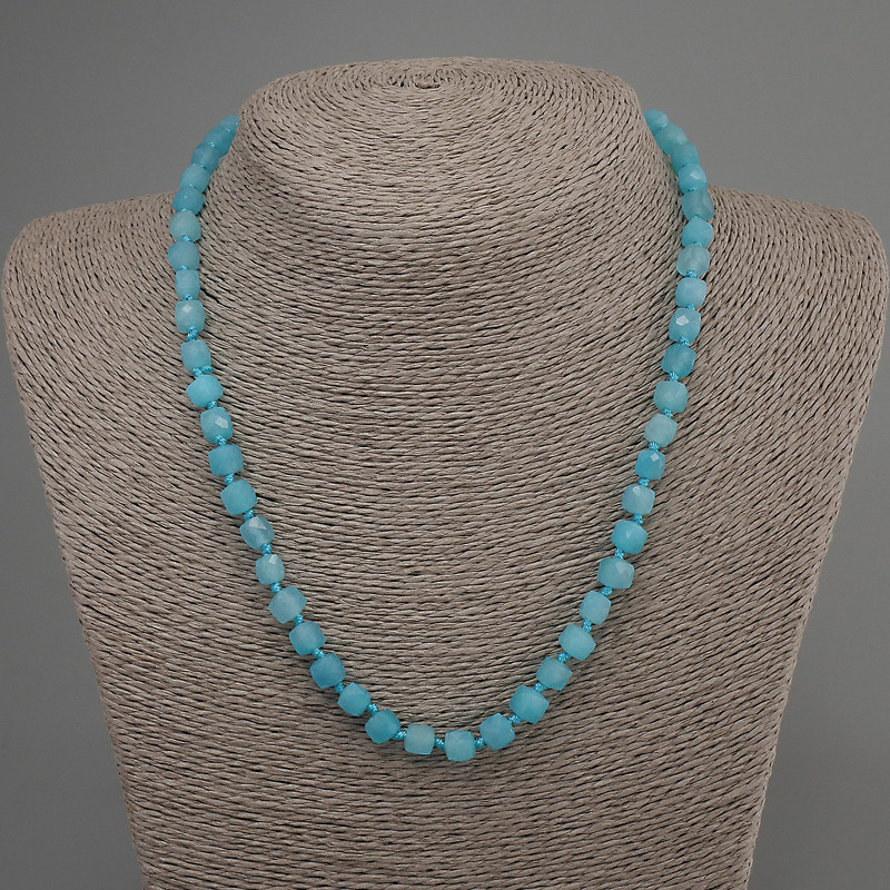 Aquamarine Faceted Cube Necklace, diameter 6mm+/-, length 50cm+/- with clasp