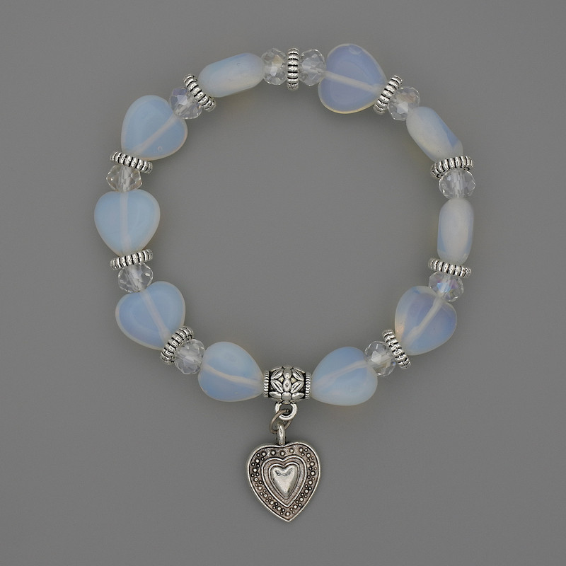 Moonstone Heart Bracelet, diameter approx. 12x12mm, with metal inserts, length 18cm stretch