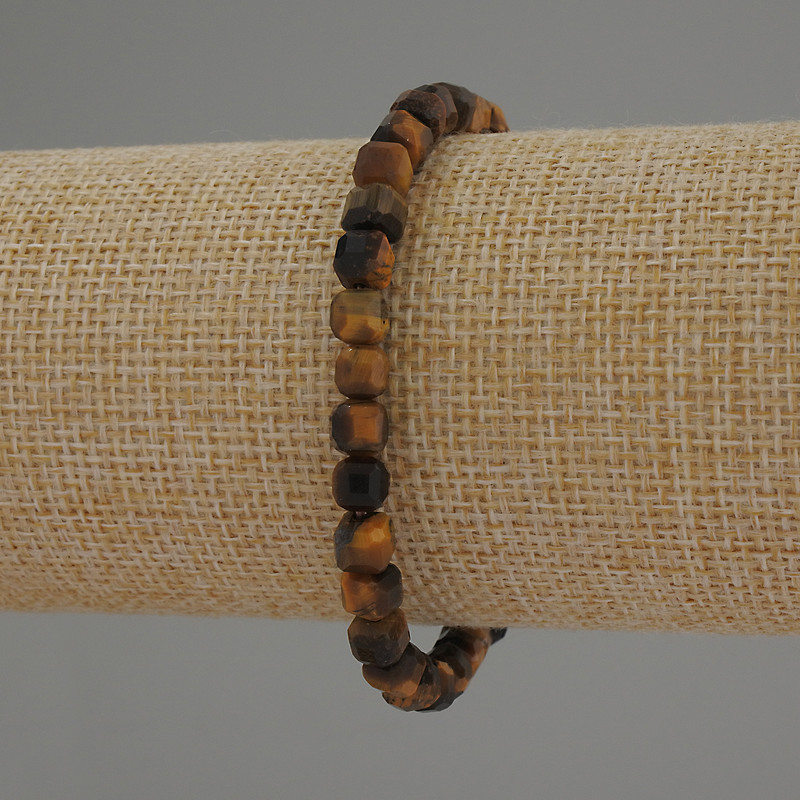 Tiger's Eye Bracelet, Faceted Cube Beads, diameter approx. 5mm, length approx. 18cm, stretch