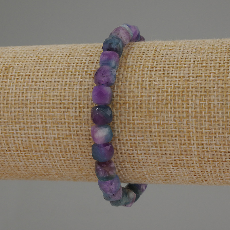 Natural Fluorite Bracelet, Faceted Cube Beads, diameter approx. 7mm, length approx. 18cm, stretch