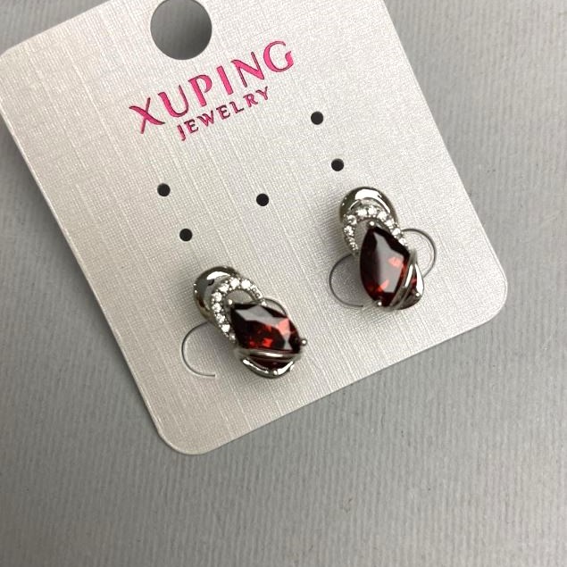 Xuping Earrings with Red Zircons and White Rhinestones, 15mm Length, Rhodium