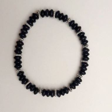 Aventurine Bracelet 'Blue Sand Cairo Night' Rondelle, Diameter 3x6mm with Silver-Tone Inserts, Length 18cm+/- (Stretch)