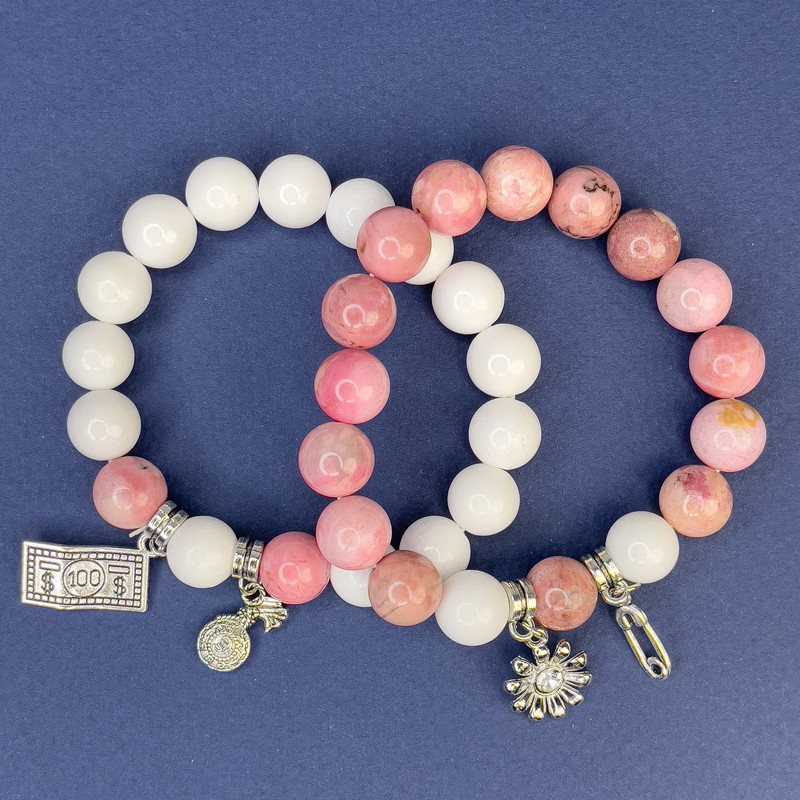 Bracelet Set White Agate (pressed) round beads, diameter 10mm+/- Rhodochrosite round beads, diameter 10mm+/-, length 18cm+/- stretch