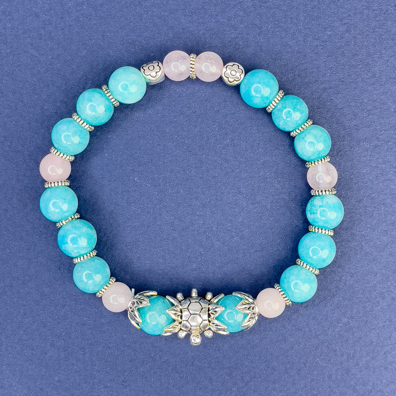 Aquamarine Bead Bracelet, Diameter 8mm, Rose Quartz Bead, Diameter 6.5mm+-, Length 18cm+- Stretch