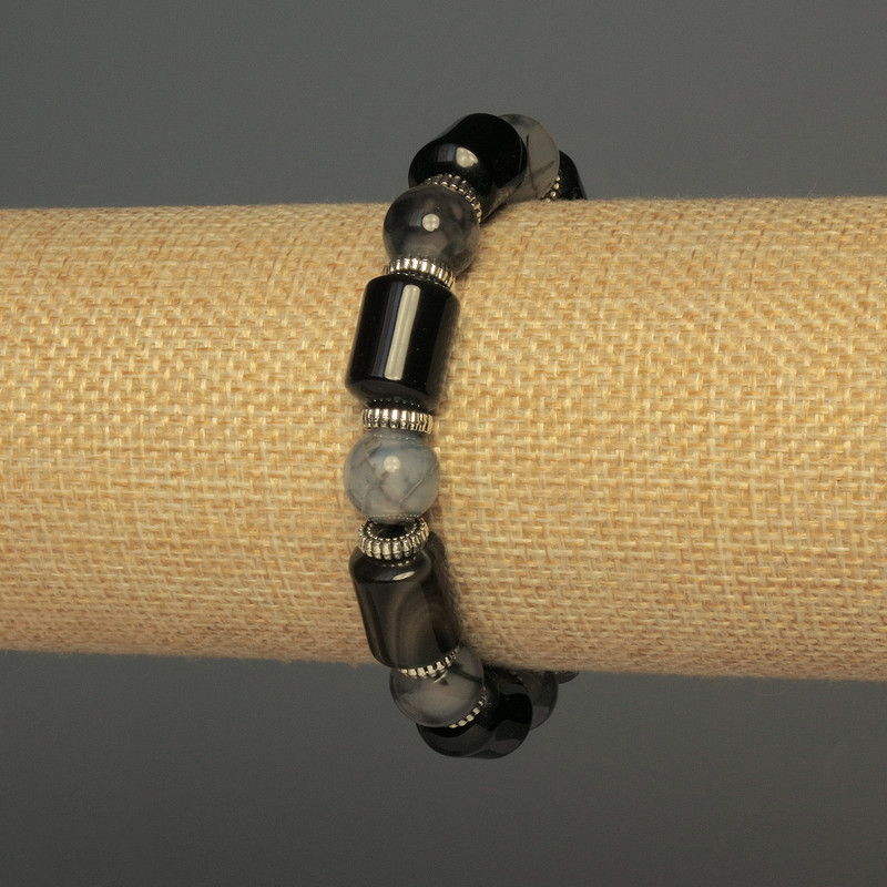 Agate Cylinder Bracelet, diameter 14x108mm+/- Dragon Vein round beads 10mm+/-, length 18cm+/- stretch
