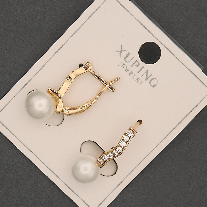Xuping Earrings with White Rhinestones and Majorca Pearl, diameter 8mm+-, length 20mm+- 18K Gold Plated