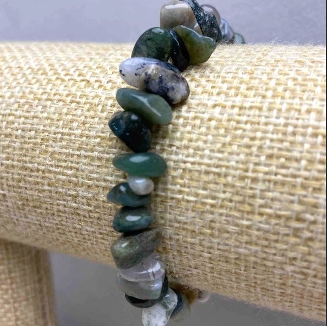 Moss Agate Chip Bracelet, natural stone, diameter 10x5mm, length 18cm, stretch