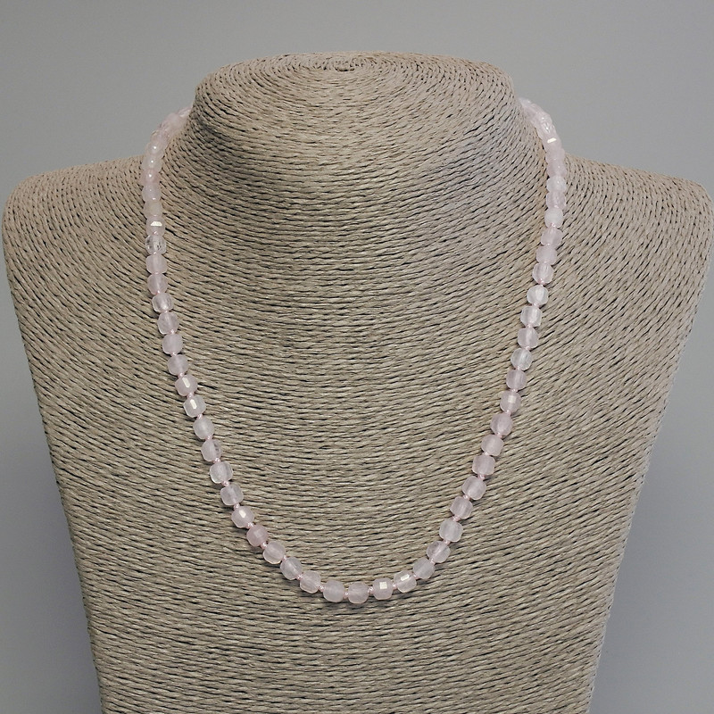 Necklace Rose Quartz faceted cube, diameter 5mm+-, length 45cm+- with clasp