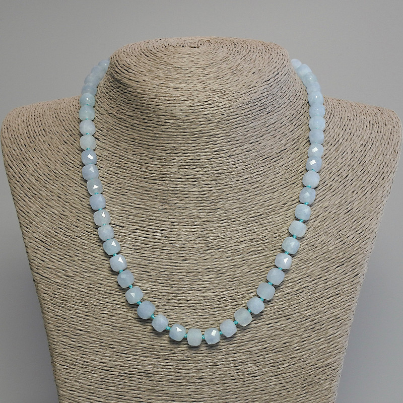 Aquamarine Faceted Cube Necklace, diameter 7mm+-, length 45cm+- with clasp