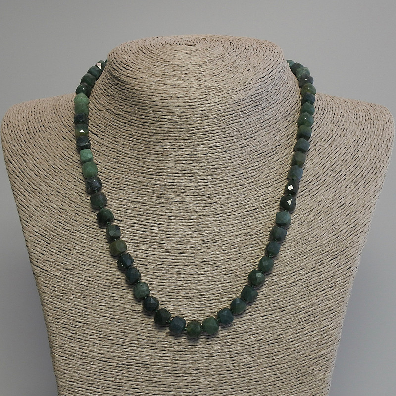 Necklace Green Jasper faceted cube, diameter 7mm+-, length 45cm+- with clasp