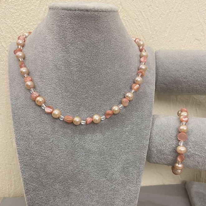 Set Necklace and Bracelet Assorted oval 9x8mm+-, tumbled 8x7mm+- round bead 4mm+-, length 50cm+-, length 18mm+- with extension chains