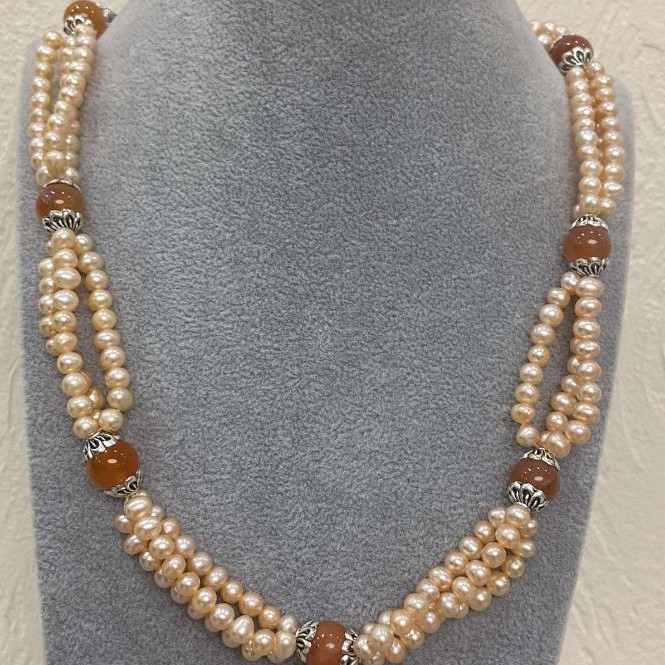 Three-Row Necklace, River Pearls d 5-6x5-4mm+-, Carnelian Bead 10mm+-, adjustable length, length 53cm +5cm+- extension chain