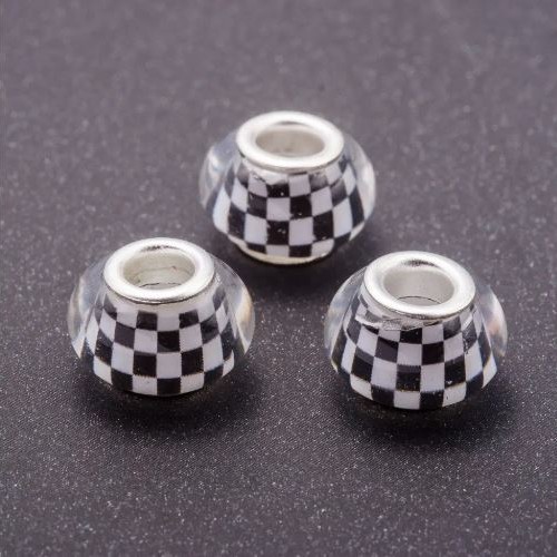 Pandora-style White Chequered Bead, plastic, diameter 13mm, hole diameter 5mm, pack of 11pcs