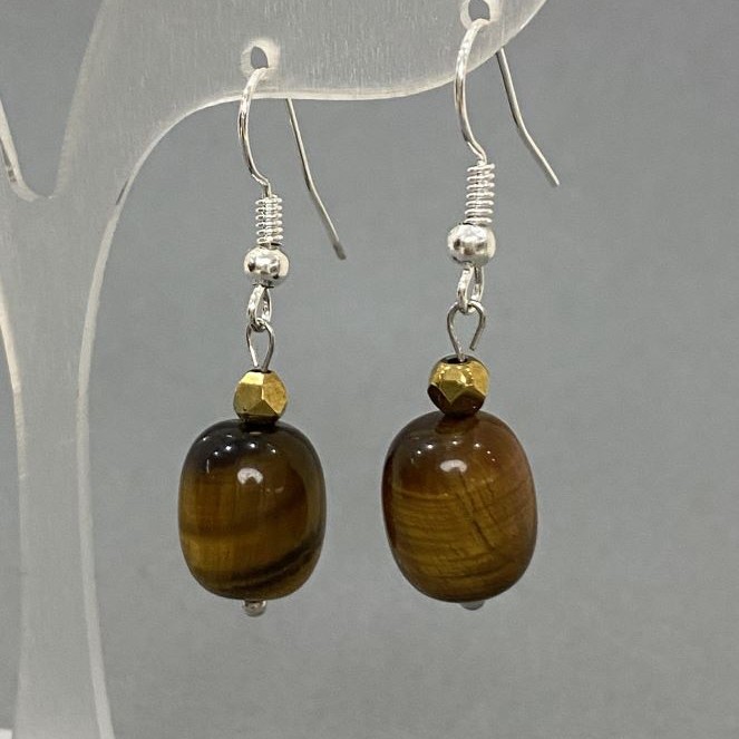 Tiger's Eye Barrel Earrings, diameter 12x10mm+/-, length 35mm+