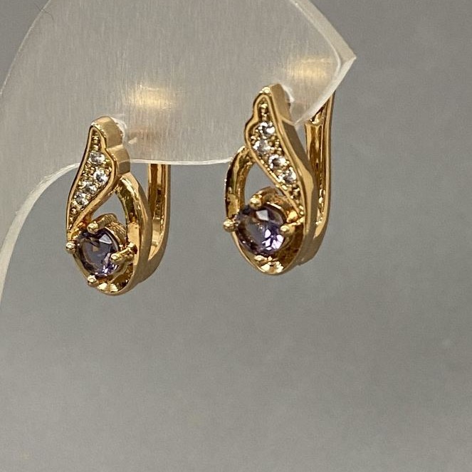 Purple Crystal Earrings 16x7mm Gold-Tone Metal