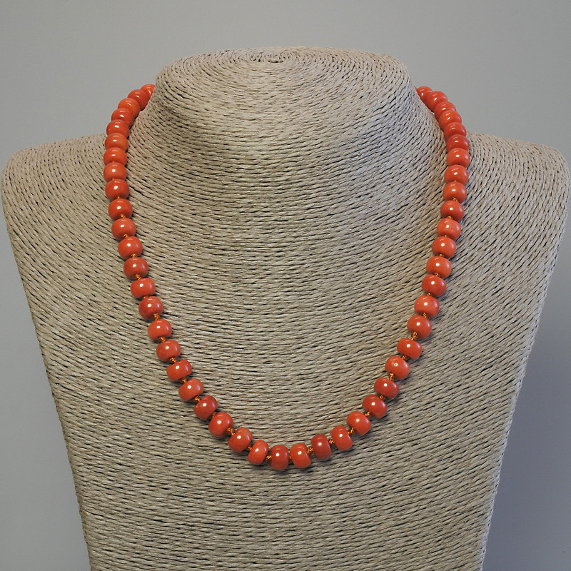 Necklace Imitation Coral Rondelle 8x5mm+/-, length 50cm+/- with clasp