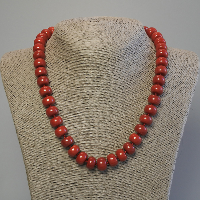 Necklace Imitation Coral Rondelle 12x8mm+/-, length 50cm+/- with clasp